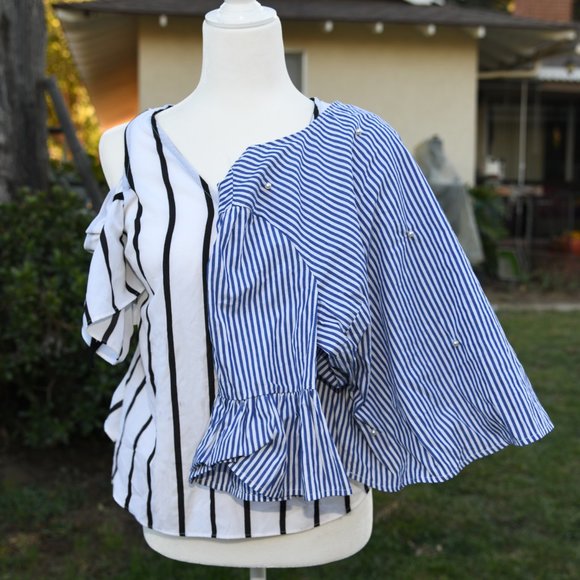 2 Melissa Bleu Shirts, Cold Shoulder Blue striped - Picture 1 of 10